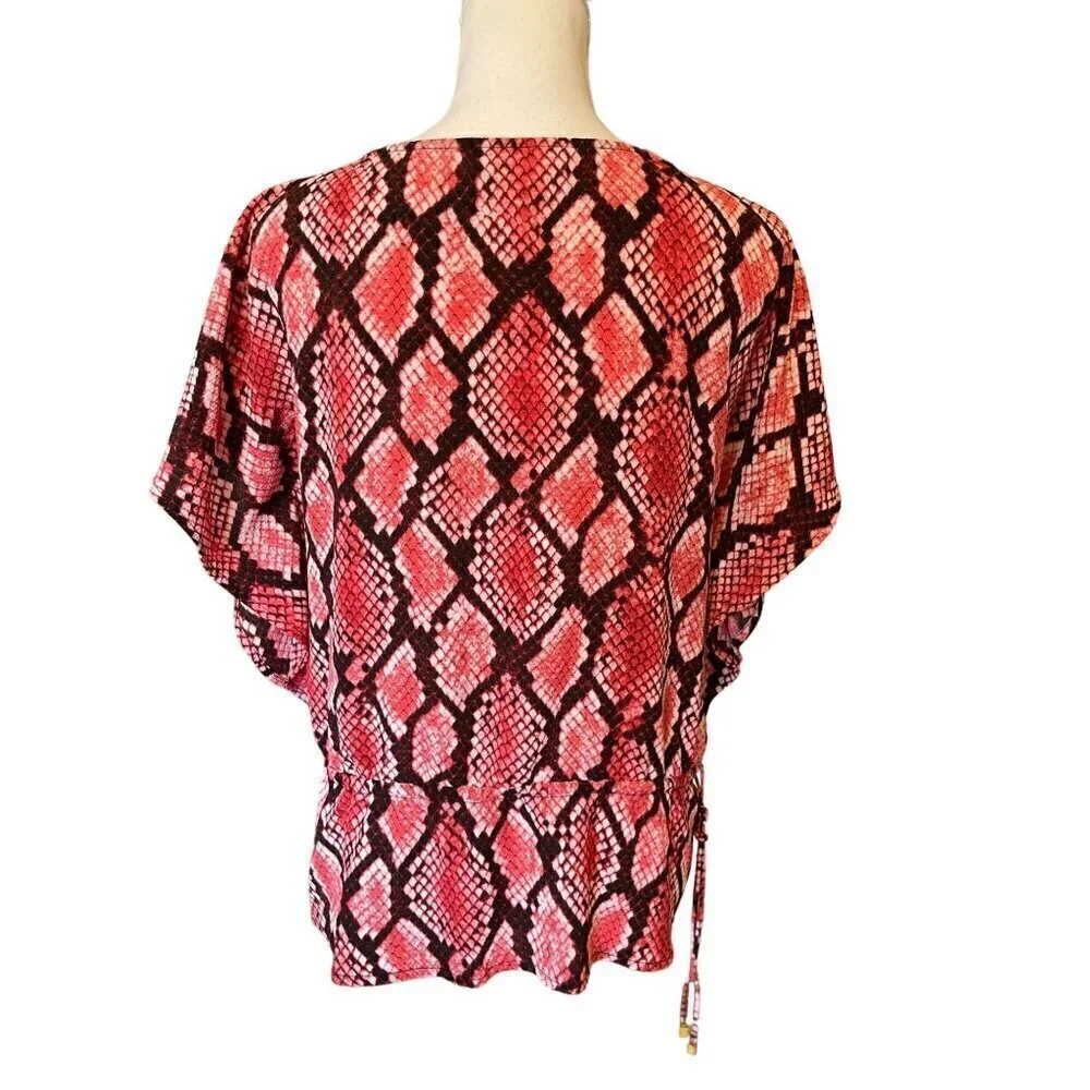 Michael Kors Top S Red Black Snake Print Shirt Blouse Flutter Sleeve Drawstring